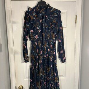 Floral Maxi Dress w Neck Tie & Pleated Skirt